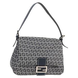 FENDI Zucchino Canvas Mamma Baguette Shoulder Bag Navy Silver